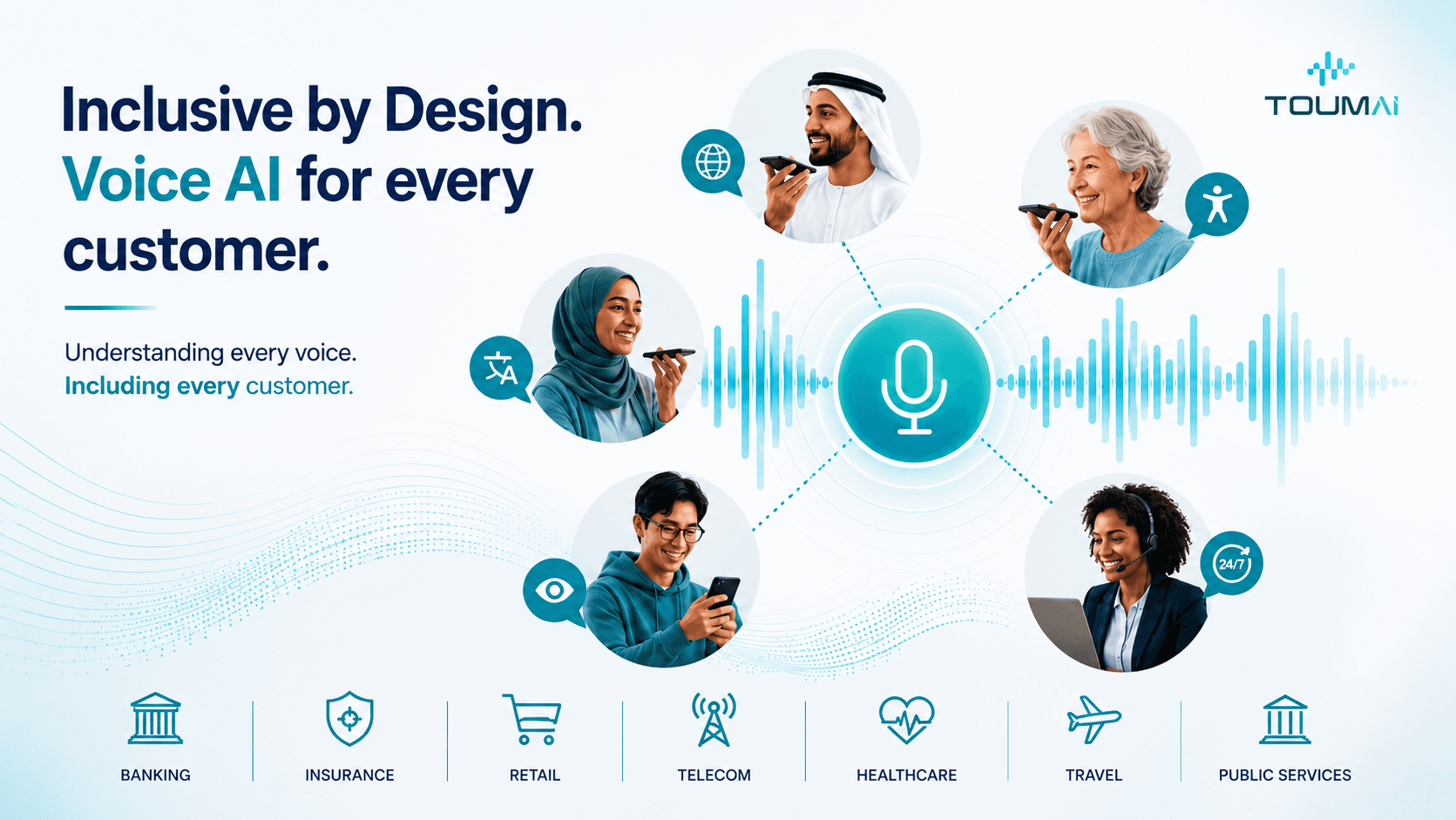 Diverse customers speaking to ToumAI's Voice AI across banking, insurance, retail, telecom, healthcare, travel, and public services.