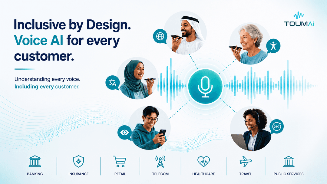 Diverse customers speaking to ToumAI's Voice AI across banking, insurance, retail, telecom, healthcare, travel, and public services.