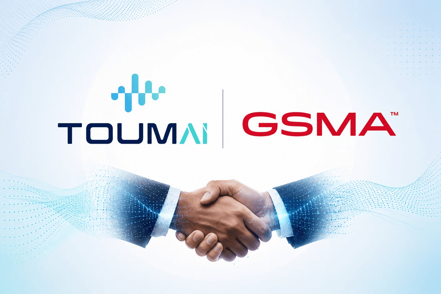 "ToumAI and GSMA logos with a handshake, representing their partnership on the Empowering Voices local-language Voice AI project in Africa"